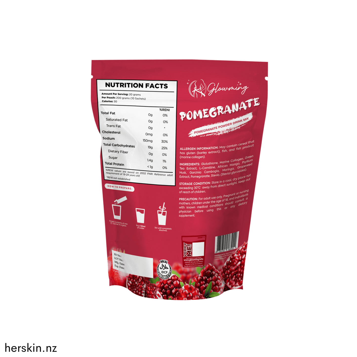Glowming Powder Drink Mix 10 x 20g Sachets - Pomegranate