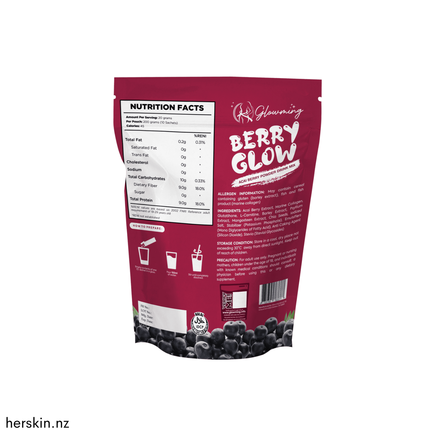 Glowming Powder Drink Mix 10 x 20g Sachets - Berry Glow