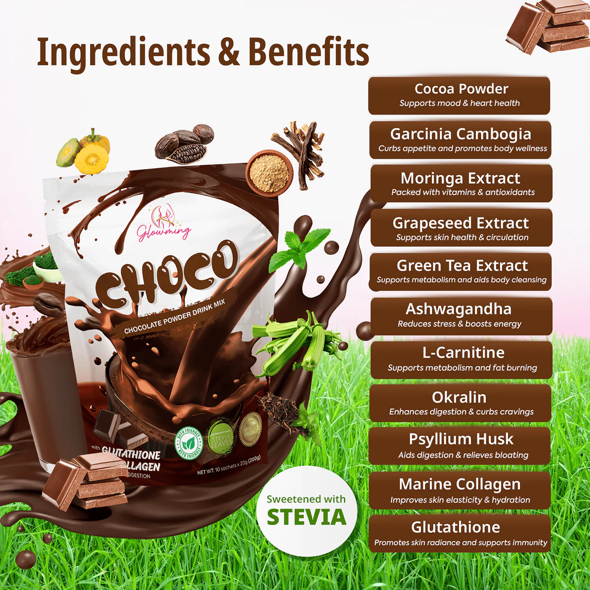 Glowming Powder Drink Mix 10 x 20g Sachets - Choco