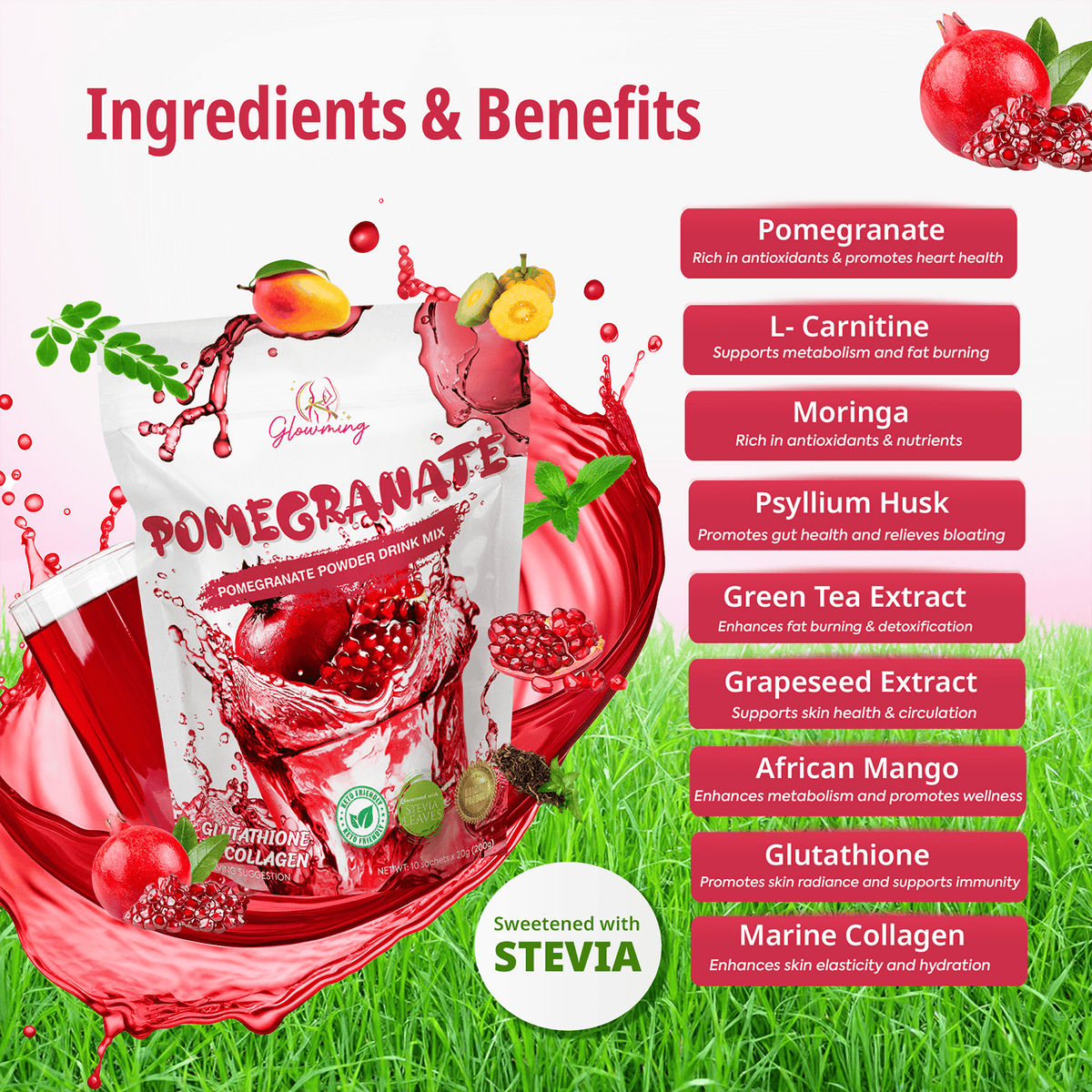 Glowming Powder Drink Mix 10 x 20g Sachets - Pomegranate